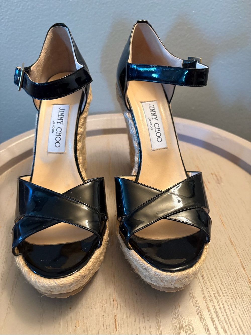 Jimmy Choo Black Patent Espadrille Wedge Sandals with Ankle Strap